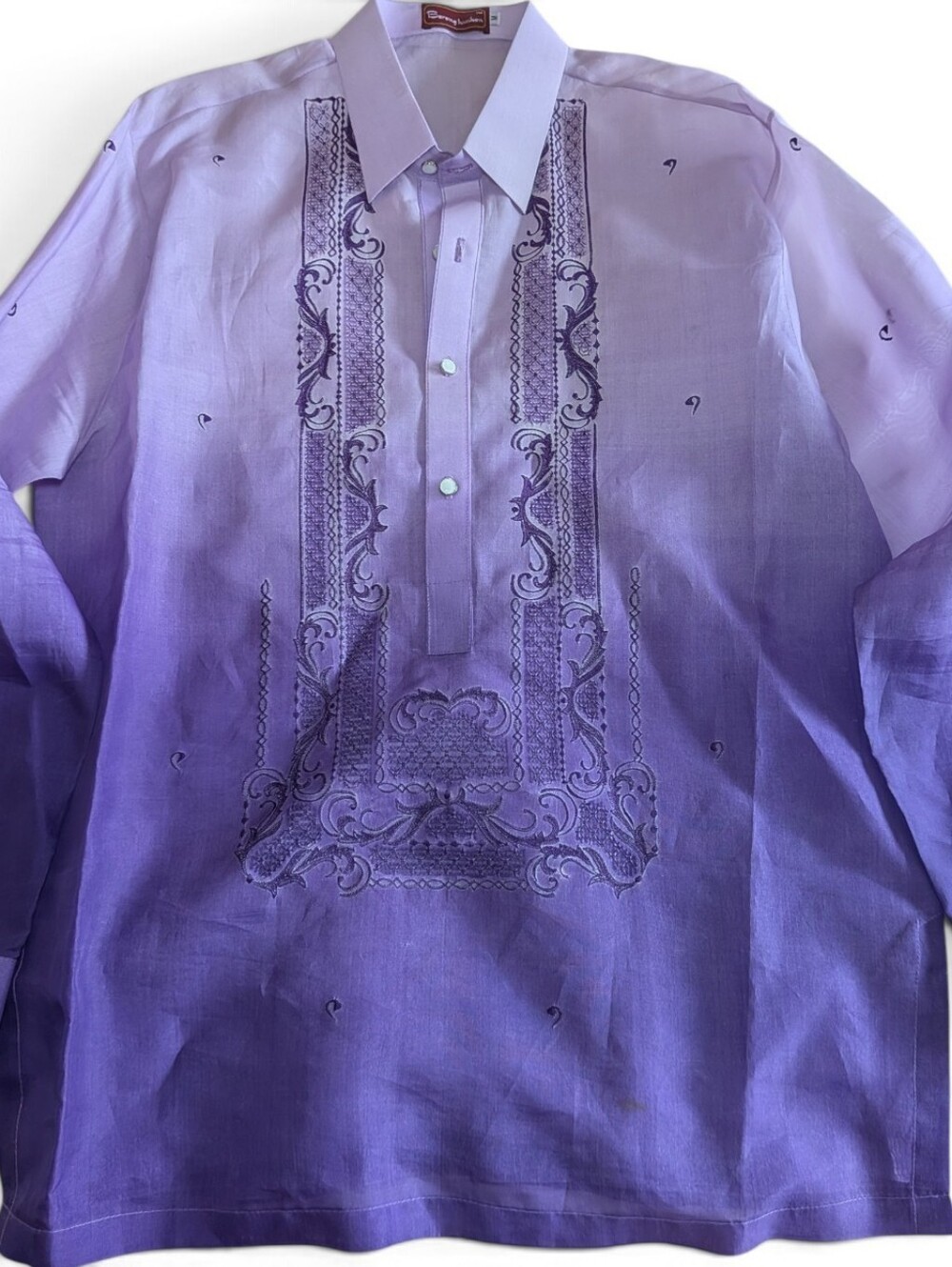VTG Barong Lumban Embroidered Ombre Lavender Sheer Organza Tunic Blouse M/L